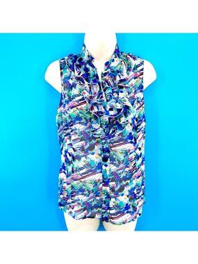 TAHARI ARTHUR S. LEVINE COLORFUL RUFFLE PRINT SHEER SLEEVELESS TOP - XS